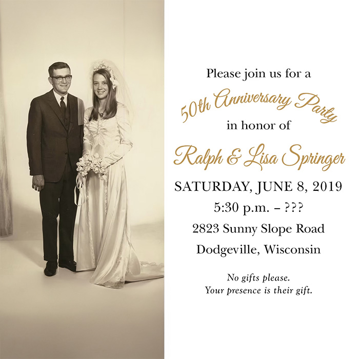 50th anniversary party invitation featuring a vintage wedding photograph on the left and event details in gold and black text on the right.