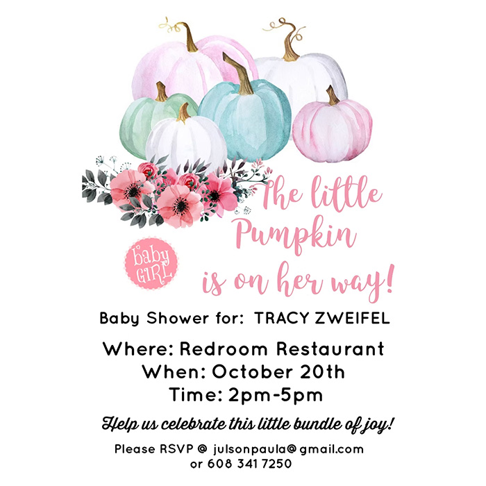 Baby shower invitation featuring pastel pumpkins, pink floral accents, and the phrase “The little pumpkin is on her way,” with event details below.