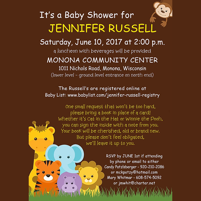 Baby shower invitation with a brown background, jungle animals at the bottom, and event details in colorful text.