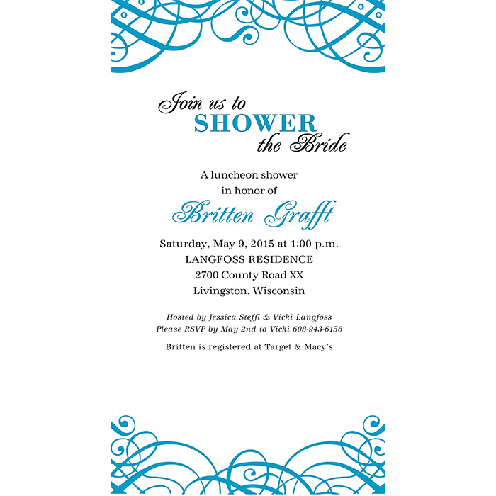 Bridal shower invitation with blue decorative flourishes and event details honoring the bride-to-be.