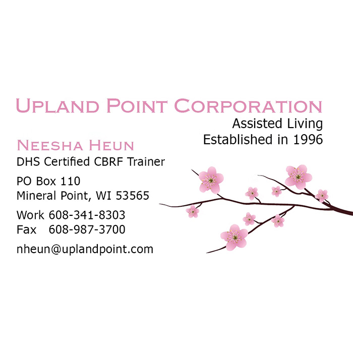 Business card-style graphic for an assisted living organization featuring contact information, text in pink and black, and a cherry blossom branch illustration.