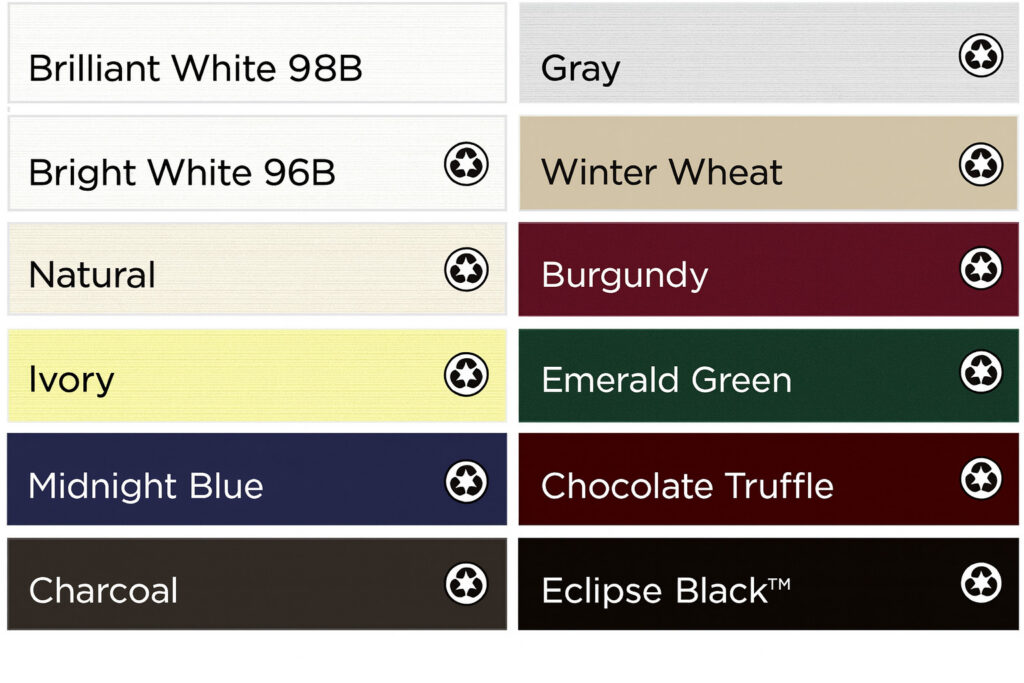 Grid of linen paper color swatches labeled Brilliant White 98B, Bright White 96B, Natural, Ivory, Midnight Blue, Charcoal, Gray, Winter Wheat, Burgundy, Emerald Green, Chocolate Truffle, and Eclipse Black.