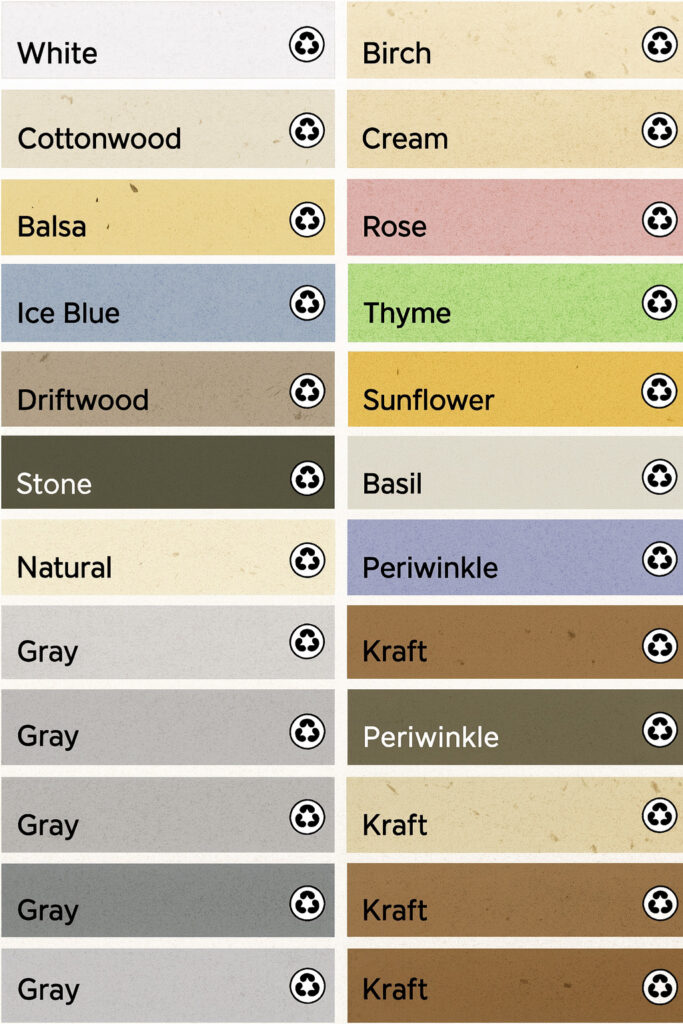 Grid of fiber paper color swatches labeled White, Cottonwood, Balsa, Ice Blue, Driftwood, Stone, Natural, Gray, Birch, Cream, Rose, Thyme, Sunflower, Basil, Periwinkle, and Kraft, each showing recycled fiber texture and a recycle icon.
