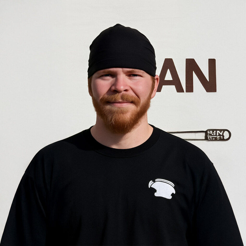 Portrait of a bearded man wearing a black bandana and black shirt with the Inkwell Printers logo, standing against a light background.