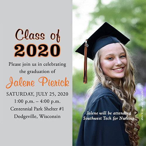 Graduation invitation with a senior photo on the right and Class of 2020 event details on a gray background to the left.