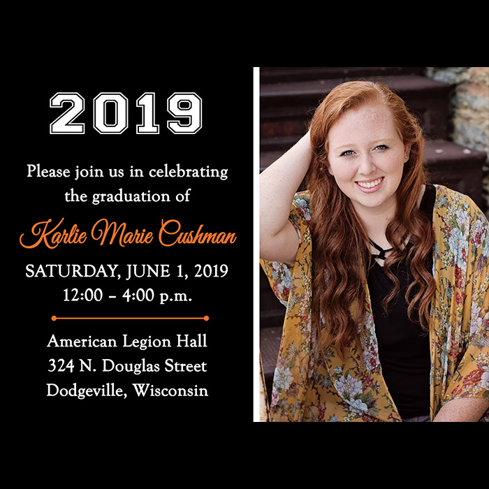 Graduation invitation featuring a senior photo on the right and event details on a black background on the left with the year 2019.