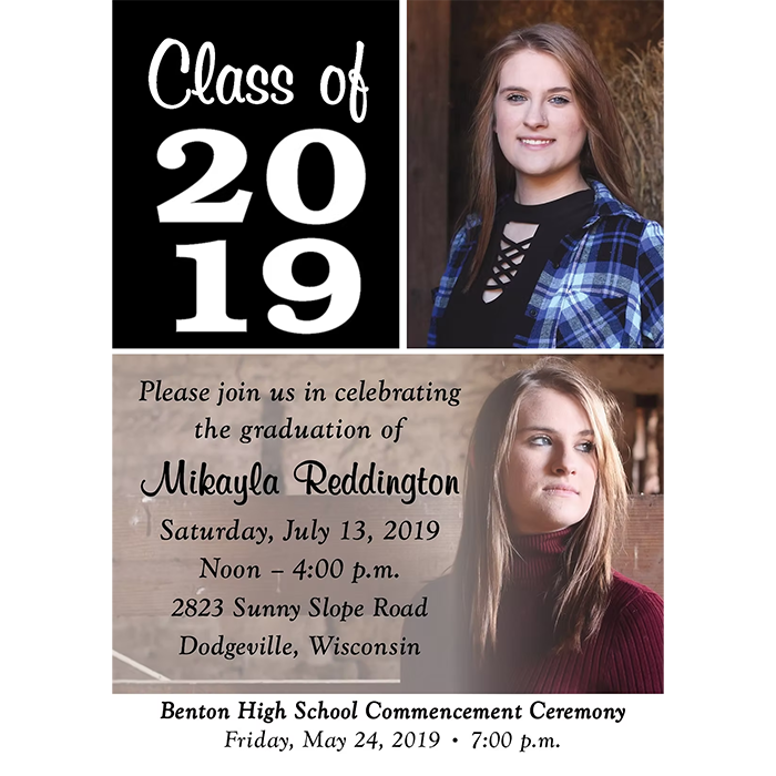 Graduation announcement for Mikayla Reddington, featuring two senior photos and event details for her July 13, 2019 celebration in Dodgeville, Wisconsin.
