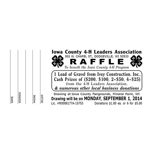 Black-and-white raffle ticket for the Iowa County 4-H Leaders Association, showing event details, ticket stubs, and a 4-H clover emblem.