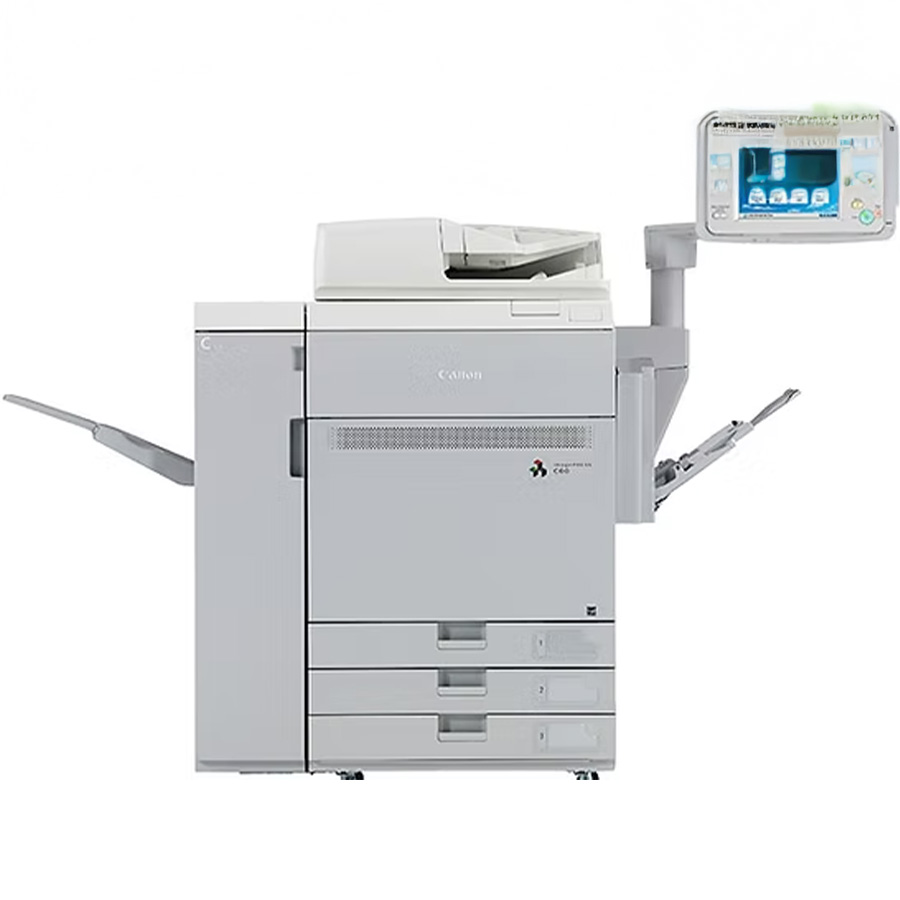 Large Canon multifunction office copier with side trays and a touchscreen control panel.