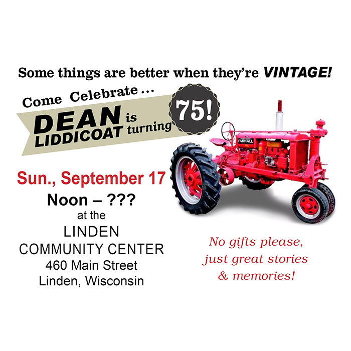 Birthday invitation featuring a red vintage tractor with decorative text about celebrating a 75th birthday at the Linden Community Center.
