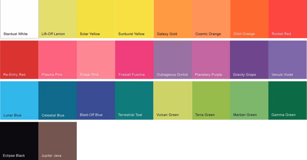 Chart of colored paper options labeled with names such as Stardust White, Solar Yellow, Fireball Fuschia, Luna Blue, Terra Green, and Eclipse Black.